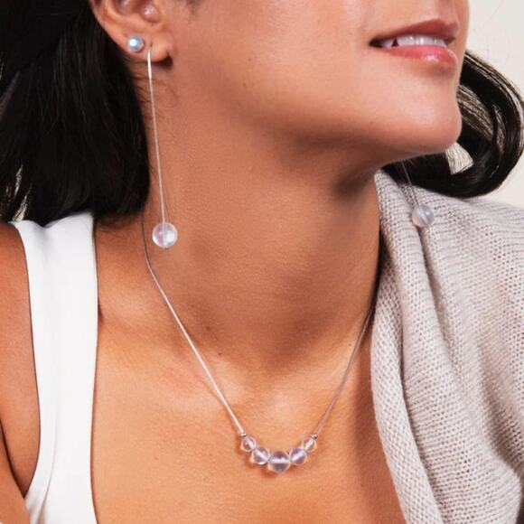 Nogu Mermaid Glass Chain Drop Threader Earrings - Rainbow White - Picture 3 of 10